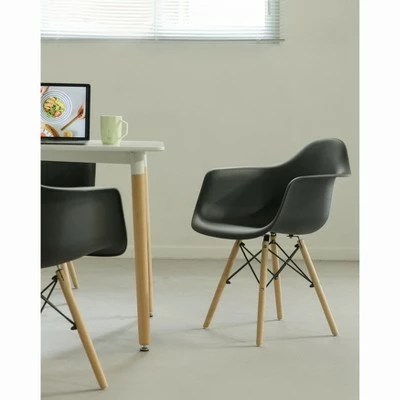 Fabulaxe Mid-Century Modern Style Plastic DAW Shell Dining Arm Chair with Wooden Dowel Eiffel Legs, Black 3 Fabulaxe Mid-Century Modern Style Plastic DAW Shell Dining Arm Chair with Wooden Dowel Eiffel Legs, Black