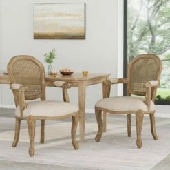 2pk Mina French Country Wood and Cane Upholstered Dining Chairs - Christopher Knight Home Light Gray/natural