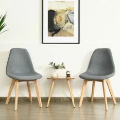 Costway Set of 2 Dining Chair Fabric Cushion Seat Modern Mid Century W/Wood Legs Grey