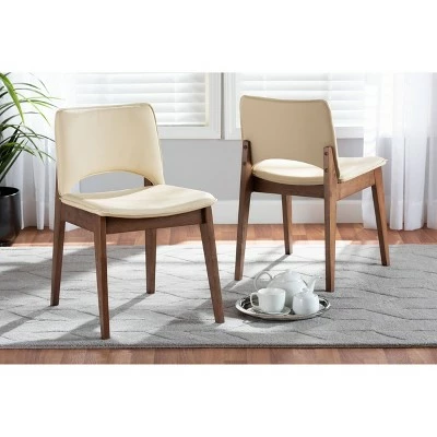 2pc Afton Faux Leather Upholstered and Wood Dining Chair Set - Baxton Studio Beige/walnut Brown 6 2pc Afton Faux Leather Upholstered and Wood Dining Chair Set - Baxton Studio Beige/walnut Brown - Image 4