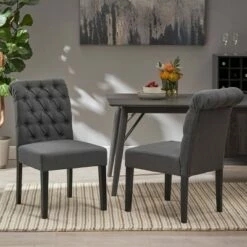 Set of 2 Broxton Tufted Rolltop Dining Chairs - Christopher Knight Home Dark Gray