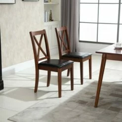 HOMCOM High Back Dining Chairs Set of 2 PU Upholstered Cross Back Design Armless Side Chairs with Solid Wood Legs Black