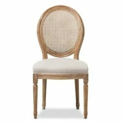 Adelia French Vintage Cottage Weathered Oak Wood Finish and Fabric Upholstered Dining Side Chair with Round Cane Back - Beige - Baxton Studio