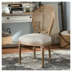 Adelia French Vintage Cottage Weathered Oak Wood Finish and Fabric Upholstered Dining Side Chair with Round Cane Back - Beige - Baxton Studio -Dining Chairs And Benches Official Shop unnamed file 4447