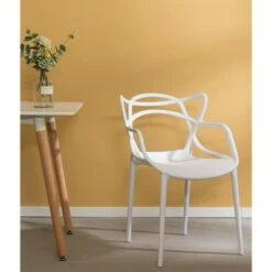 Fabulaxe Mid-Century Modern Style Stackable Plastic Molded Arm Chair with Entangled Open Back, White