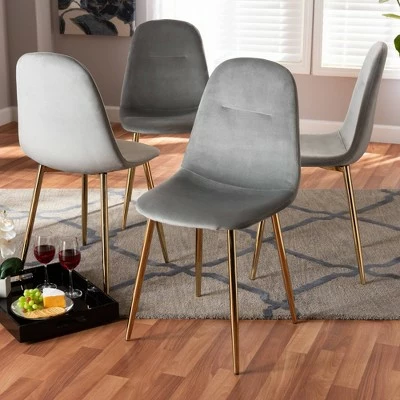 Set of 4 Elyse Velvet Upholstered Metal Dining Chairs - Baxton Studio Gray/gold 6 Set of 4 Elyse Velvet Upholstered Metal Dining Chairs - Baxton Studio Gray/gold - Image 4