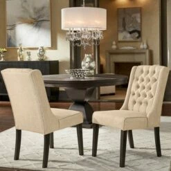 Set of 2 Old Town Espresso Finish Wingback Button Tufted Dining Chairs Oatmeal - Inspire Q