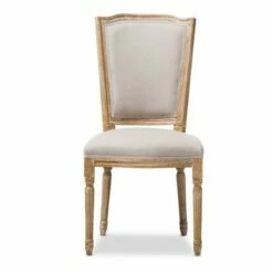 Cadencia French Vintage Cottage Weathered Oak Wood Finish and Fabric Upholstered Dining Side Chair - Beige - Baxton Studio