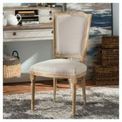 Cadencia French Vintage Cottage Weathered Oak Wood Finish and Fabric Upholstered Dining Side Chair - Beige - Baxton Studio -Dining Chairs And Benches Official Shop unnamed file 6104
