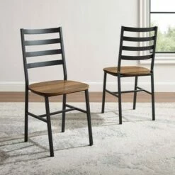 Set of 2 Slat Back Metal and Wood Dining Chair - Saracina Home Rustic Oak