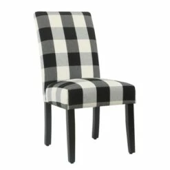 Set of 2 Wooden Dining Chairs with Plaid Pattern Fabric Upholstery - Benzara Black/white