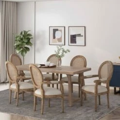 Set of 6 Judith French Country Wood and Cane Upholstered Dining Chairs - Christopher Knight Home Light Gray/natural