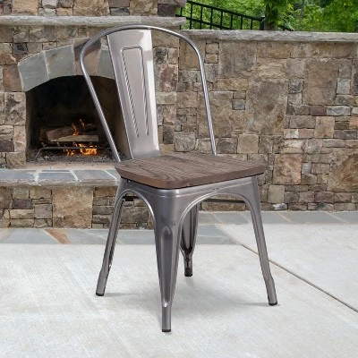 Flash Furniture Clear Coated Metal Stackable Chair with Wood Seat 3 Flash Furniture Clear Coated Metal Stackable Chair with Wood Seat