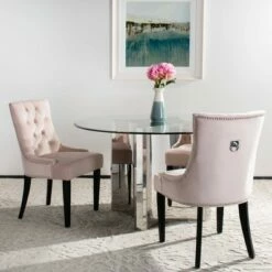 Set of 2 19" Harlow Tufted Ring Chair with Silver Nail Heads Blush Pink/Espresso - Safavieh
