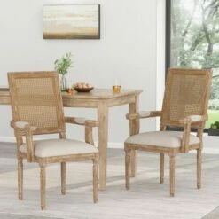 Set of 2 Maria French Country Wood and Cane Upholstered Dining Chairs - Christopher Knight Home Beige/natural