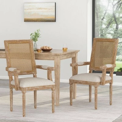 Set of 2 Maria French Country Wood and Cane Upholstered Dining Chairs - Christopher Knight Home Beige/natural 3 Set of 2 Maria French Country Wood and Cane Upholstered Dining Chairs - Christopher Knight Home Beige/natural